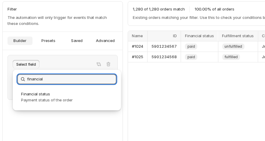 The field picker popover, searched for 'financial' and showing the matching 'Financial status' field with its description